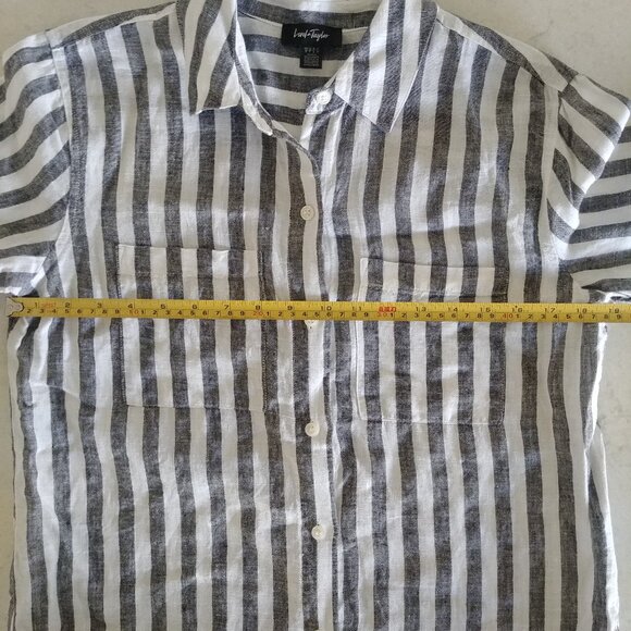 Lord + Taylor 100% linen striped button down shirt white blue grey Small - Picture 16 of 16